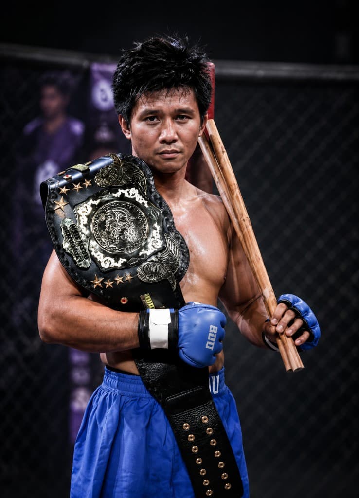 Genil Francisco, Juego Todo Inaugural Champion, holding the championship belt and arnis sticks