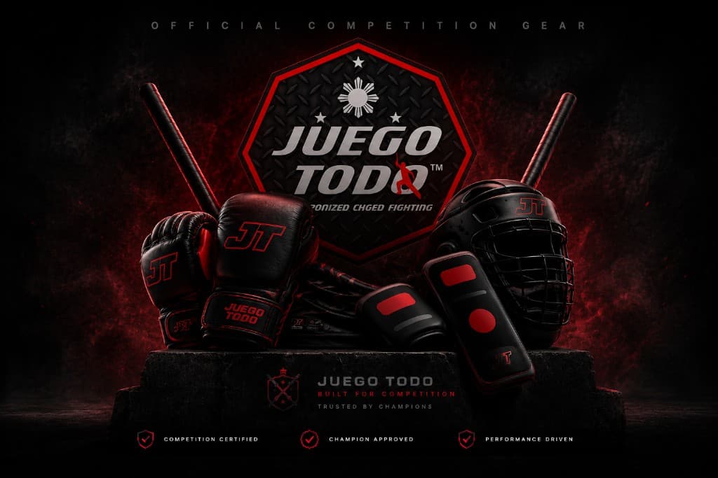 Official Juego Todo competition gear including gloves, helmet, shin guards, and sticks